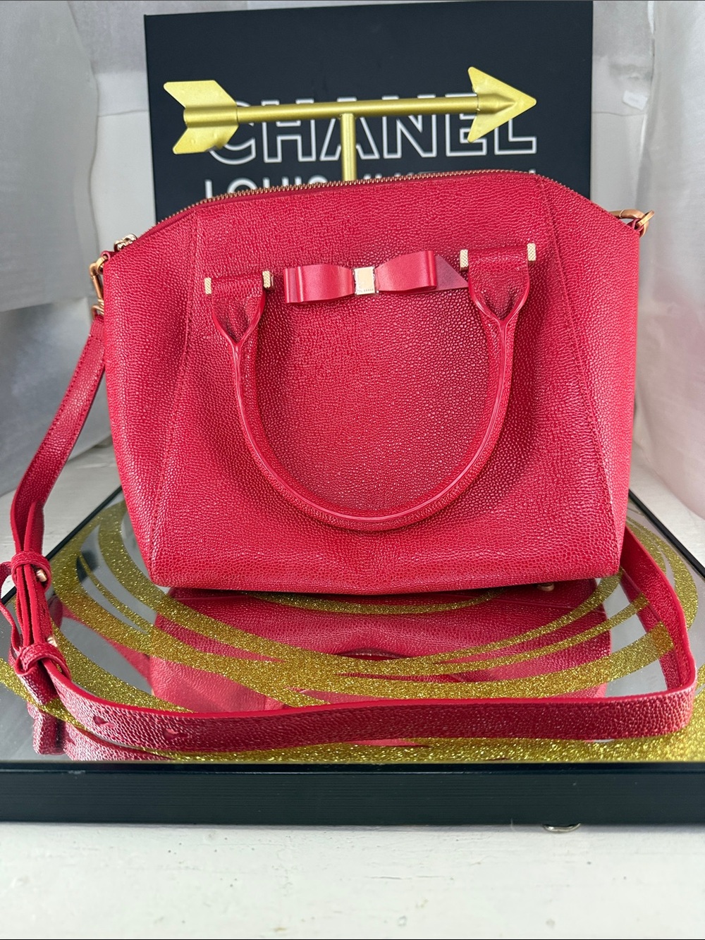 Ted Baker Pink Textured Bow Crossbody Bag with Gold Hardware